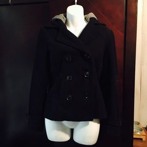 Black pea coat with grey hoodie